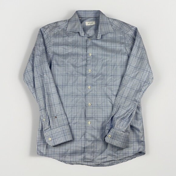 Eton Men’s Dress Shirt 40 15 1/3 Blue Houndstooth Plaid Button Up Read* - Picture 1 of 16